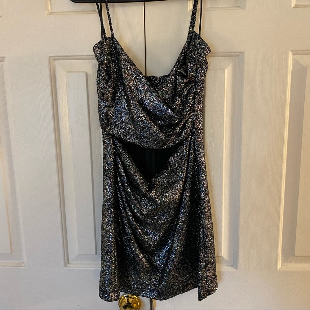 Zara shiny silver cutout party dress, size L, NWT